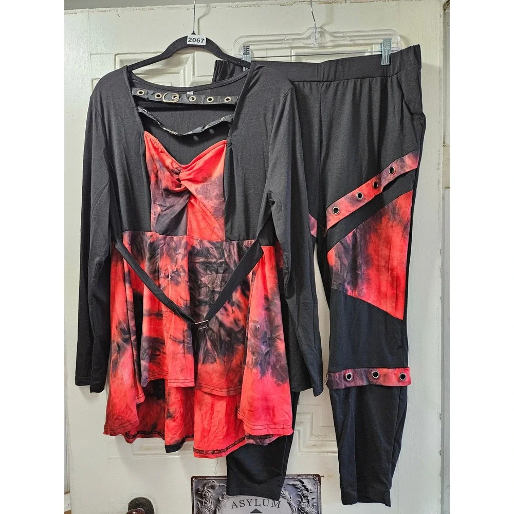 Gothic Tie Dye 2 Piece Set Red Black Grommet Strap Tunic Leggings 1XL Womens